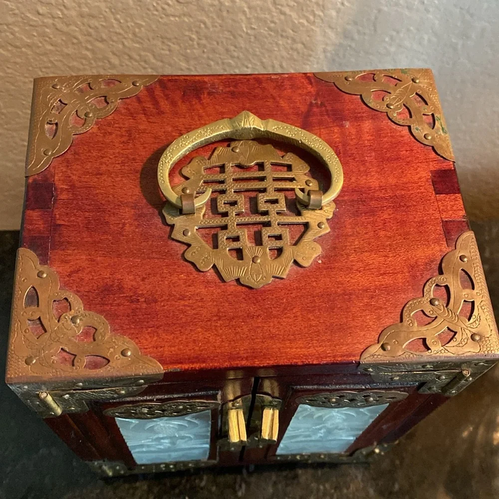 Antique Chinese Rosewood Jade Inlay Brass Hardware Wooden Jewelry Box